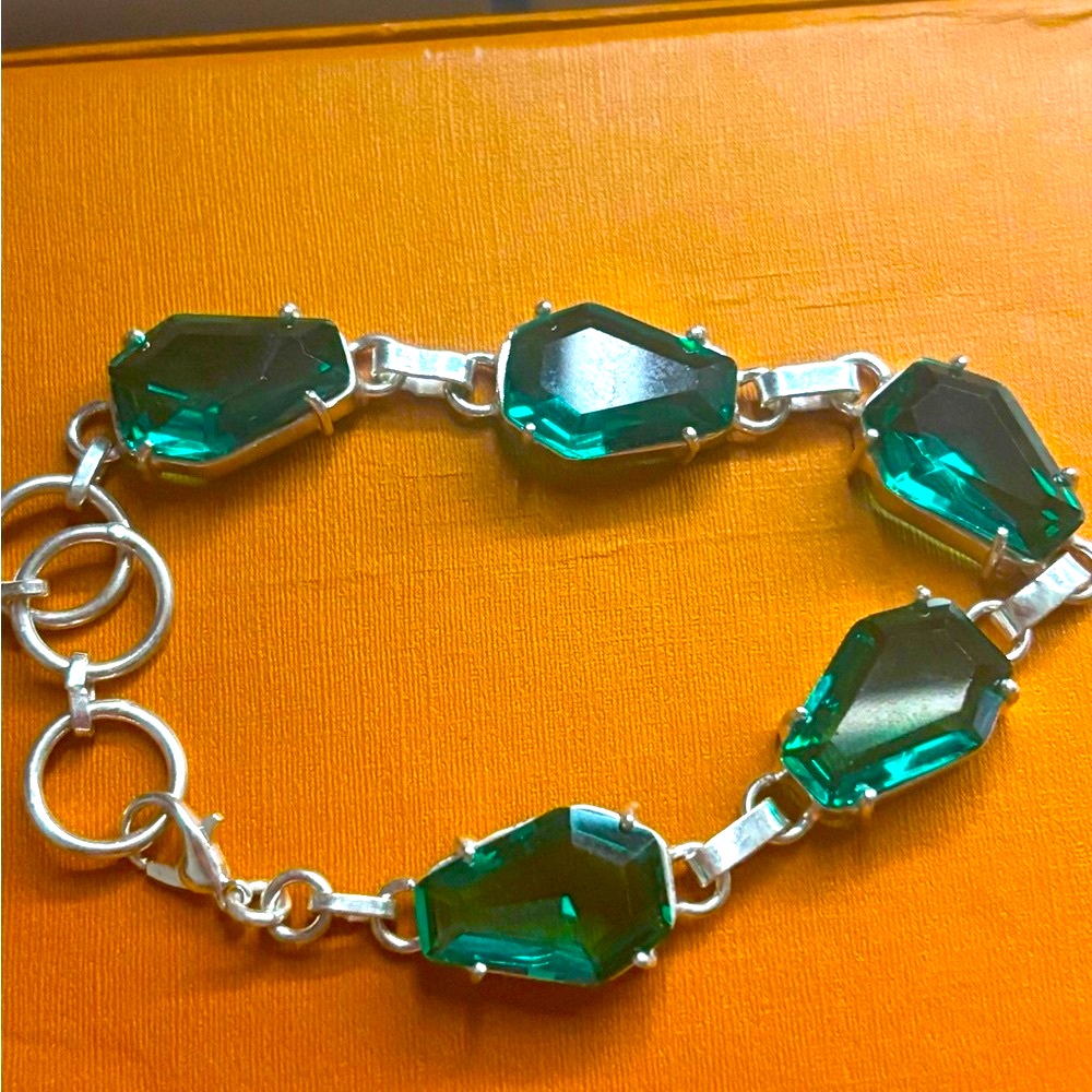 925 Sterling Silver Emerald And Silver Teardrop Crystal Bracelet Made In Italy 60$